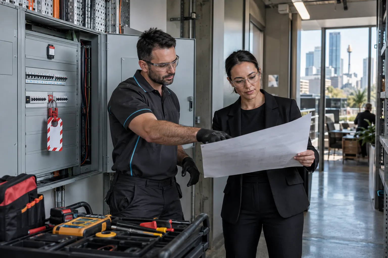 Commercial electrician documenting circuits and access conditions in a Sydney business premises