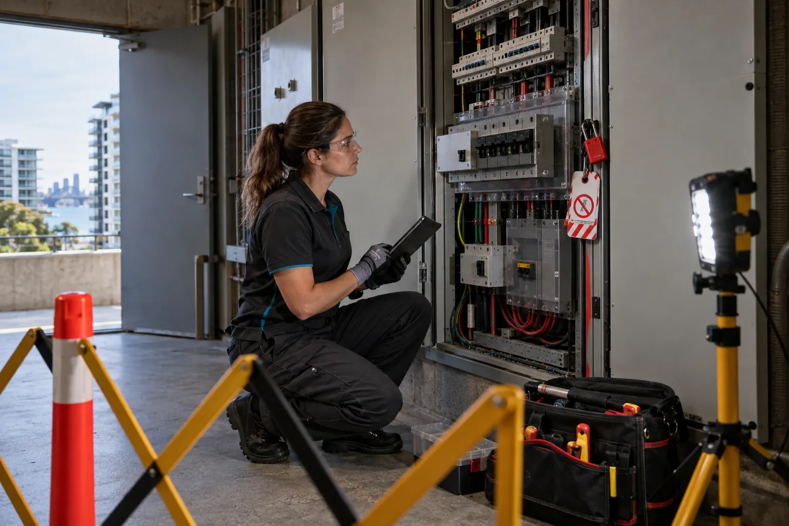 Sydney electrician assessing an urgent electrical fault from a safe de-energised position