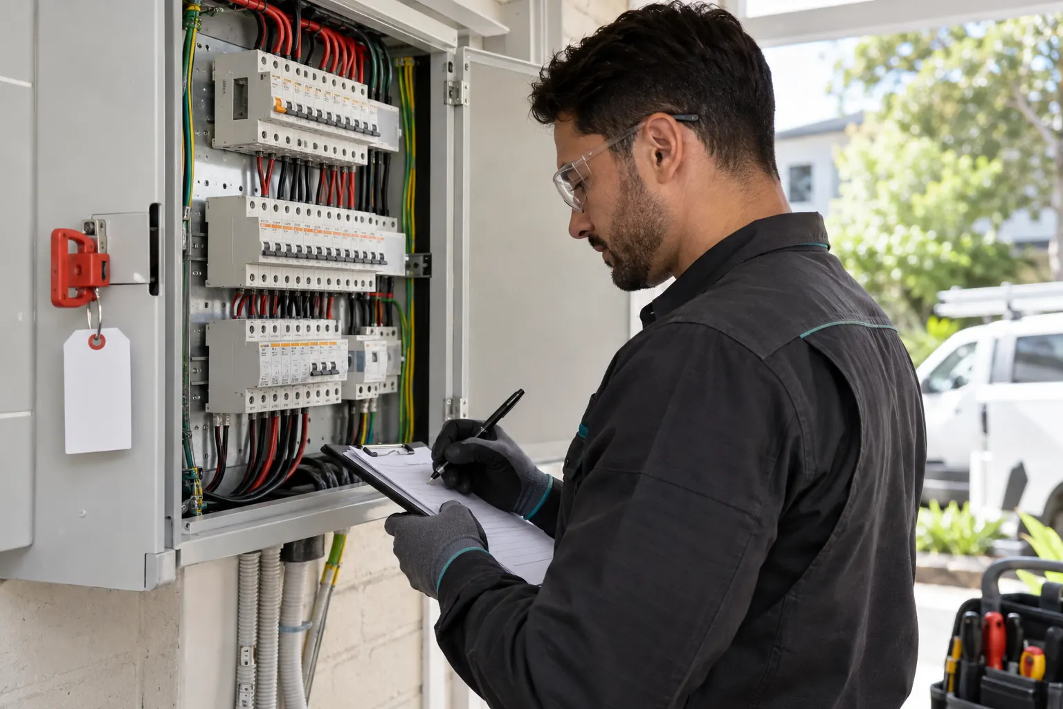 Electrician documenting a modern Sydney switchboard upgrade scope while equipment is safely isolated
